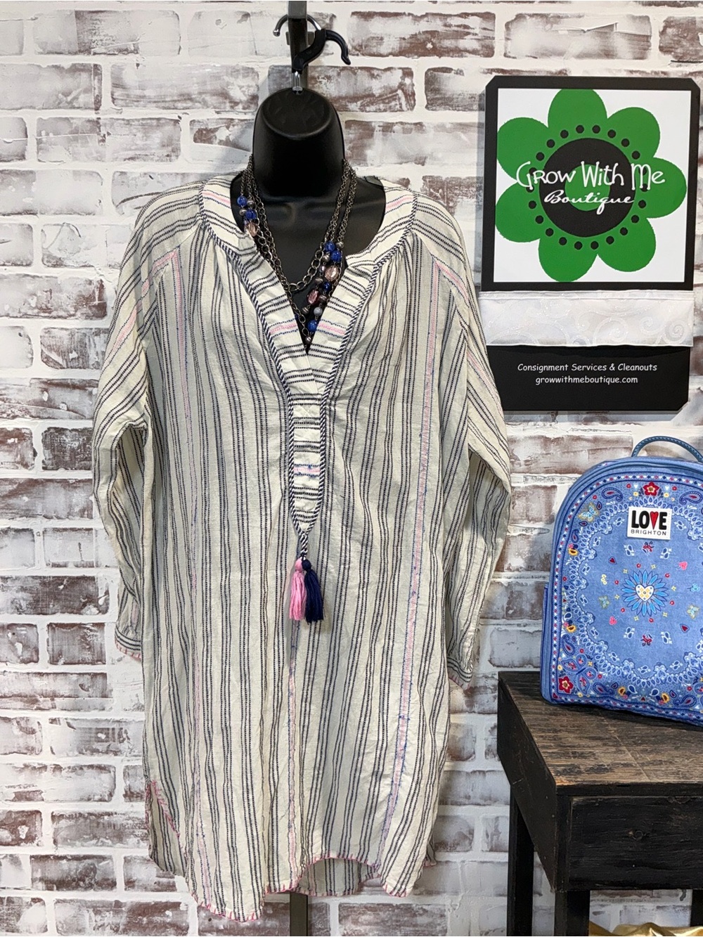 Sundry Cream Striped Tunic with Pink & Navy Accents